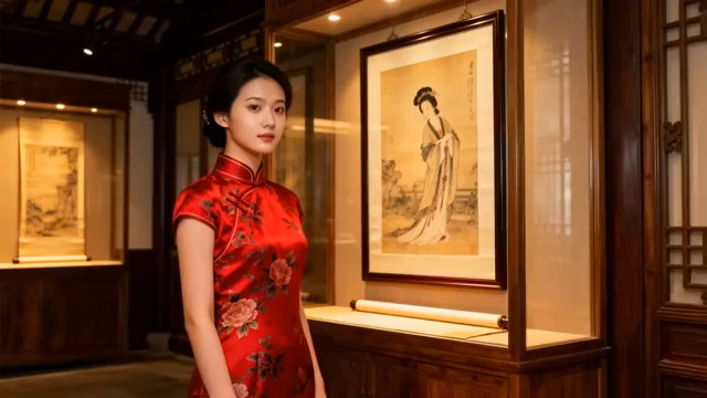  红衣女子凝视仕女画930#横屏 	 -