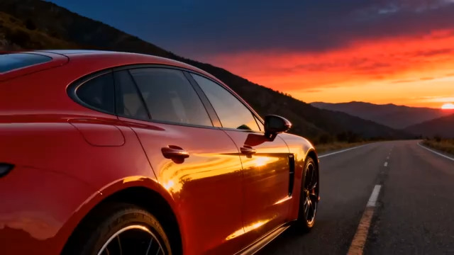  红色轿车公路日落剪影899#横屏 	 