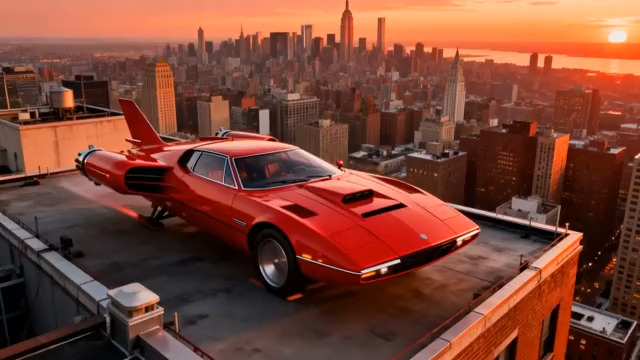  红色飞行跑车城市日出895#横屏 	 