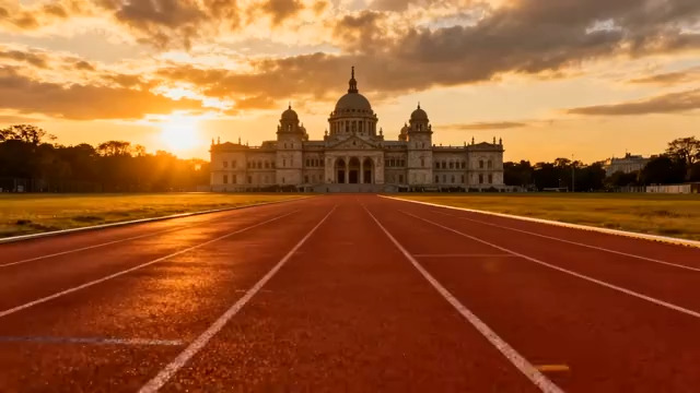  红跑道通向欧式建筑882#横屏 	 