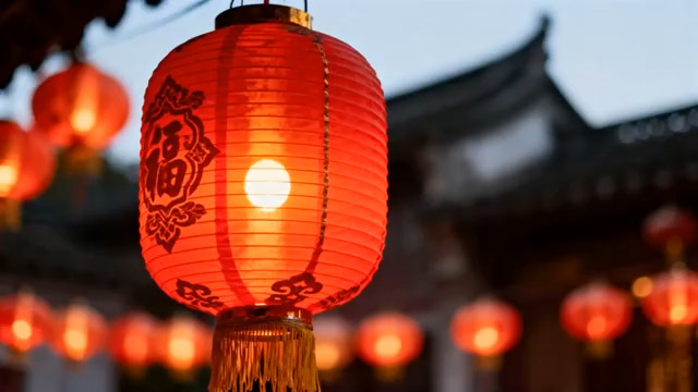  红灯笼挂古建筑夜景865#横屏 	 