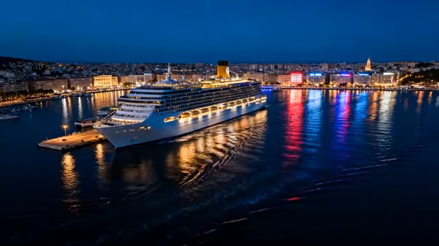  豪华邮轮夜景航拍848#横屏 	 -