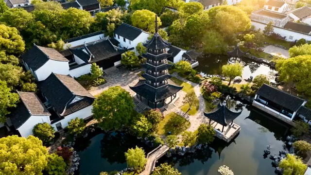  航拍江南园林古建筑817#横屏 	 