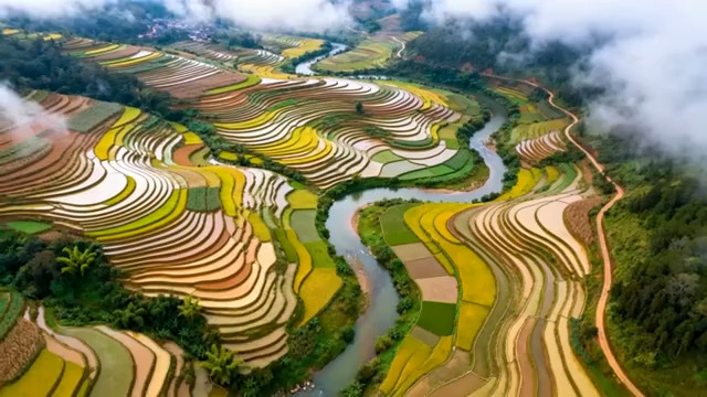  航拍金色梯田云雾缭绕819#横屏 	 -