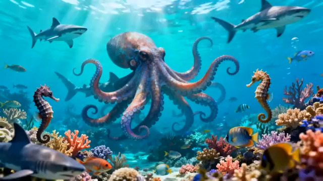  海底世界章鱼鲨鱼群772#横屏 	 