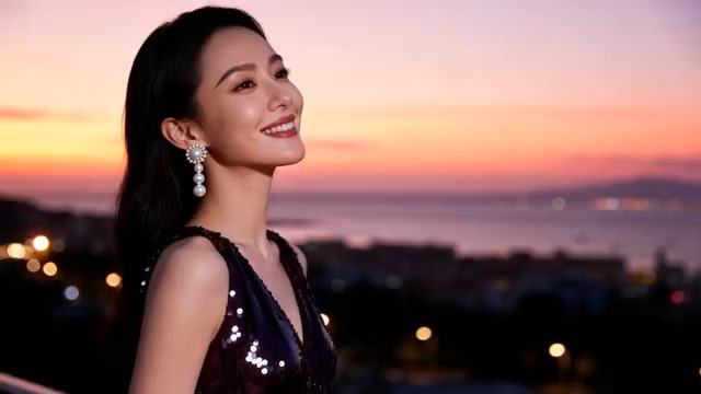  海边日落美女微笑765#横屏 	 