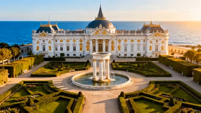  海边欧式城堡航拍761#横屏 	 