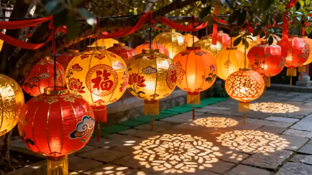  挂满福字灯笼的树735#横屏 	 