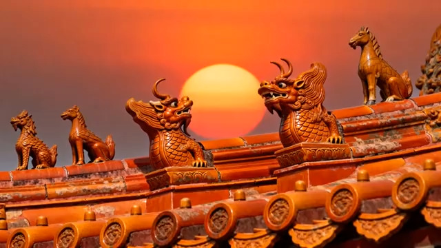  故宫屋顶神兽与落日733#横屏 	 