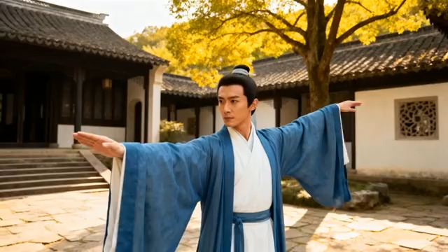  古装男子庭院练剑706#横屏 	 