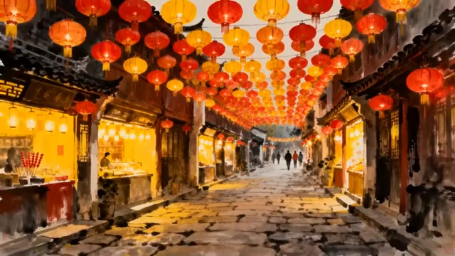 古镇灯笼街夜景703#横屏 	 