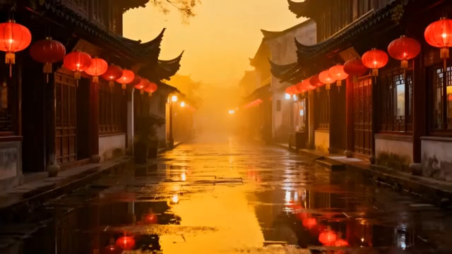  古街灯笼黄昏雨景688#横屏 	 - 