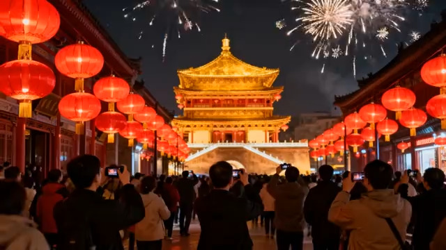  古建筑夜景烟花秀686#横屏 	 