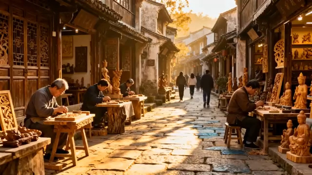  古街木雕手艺人工作场景691#横屏 	 