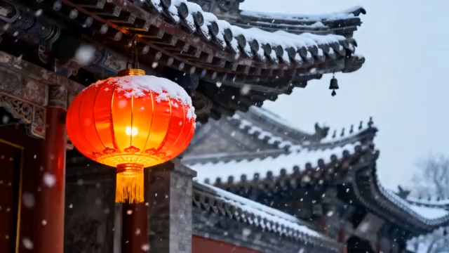  古建雪景红灯笼681#横屏 	 -