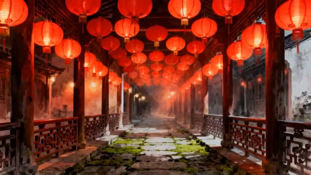  古建长廊红灯笼夜景683#横屏 	 