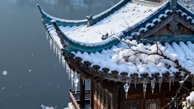  古建雪景屋檐特写682#横屏 	 