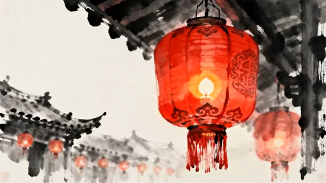  古风红灯笼悬挂屋檐657#横屏 	 