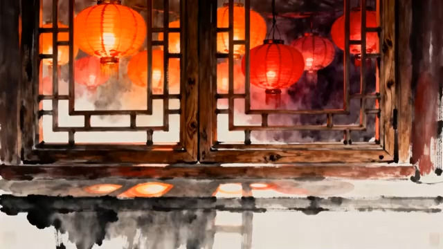  古窗红灯笼夜景645#横屏 	 