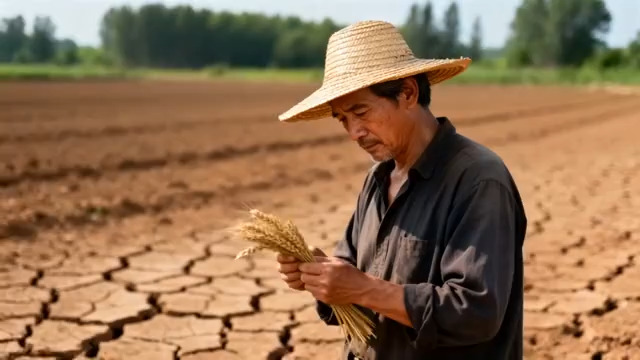  干旱土地上的农民查看麦穗546#横屏 	 