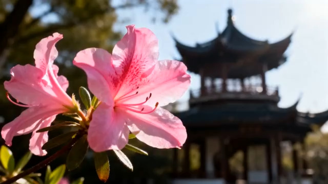  粉花映衬古亭春景494#横屏 	 