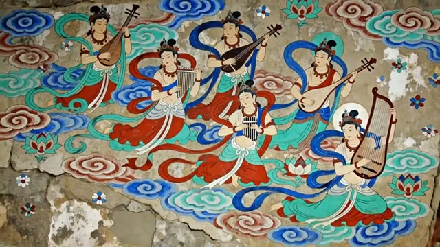  敦煌飞天反弹琵琶壁画455#横屏 	 - 