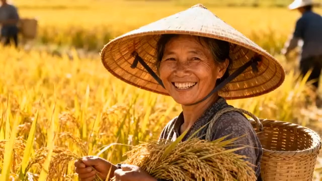  丰收稻田里的农妇516#横屏 	 