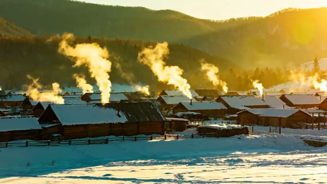  冬日村庄晨雾炊烟414#横屏 	 