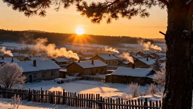  冬日村庄日出雪景415#横屏 	 