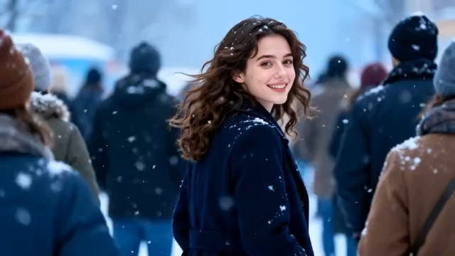  冬日街头微笑的卷发女孩419#横屏 	 