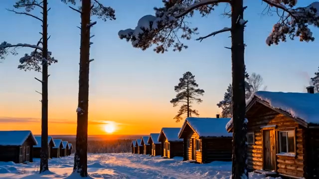  冬日木屋雪景日落420#横屏 	 