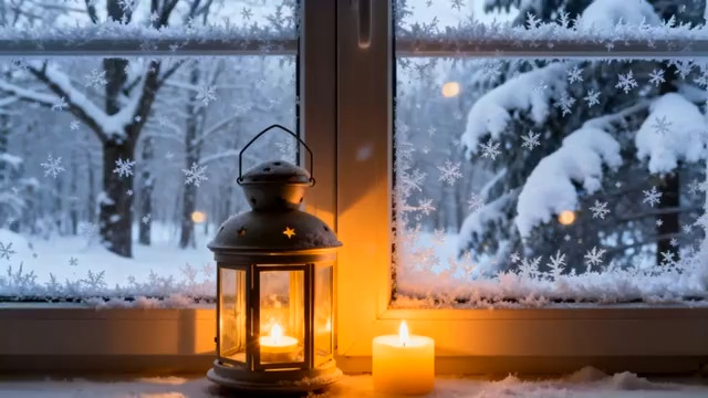  窗外雪景与温暖灯笼346#横屏 	 