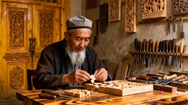  传统手工艺人木雕创作322#横屏 	 -