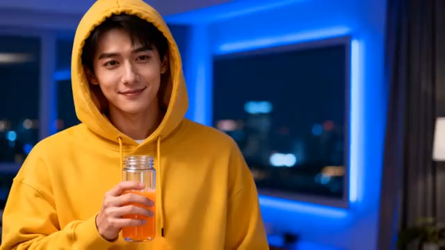  穿黄色卫衣的微笑男生316#横屏 	 