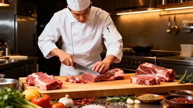  厨师切牛排特写308#横屏 	 