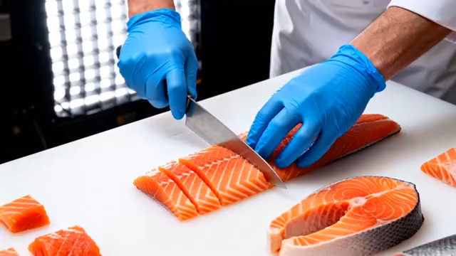  厨师切割新鲜三文鱼307#横屏 	 