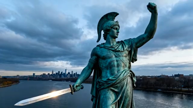  持剑战士雕像与城市远景296#横屏 	 - 