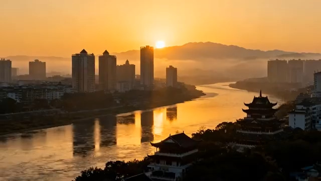  城市日出江景延时253#横屏 	 