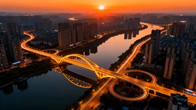  城市日落航拍全景257#横屏 	 