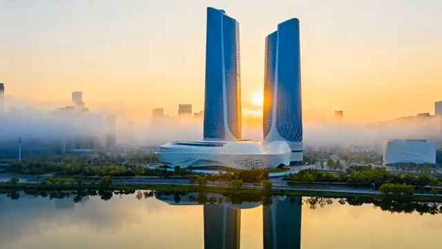  城市地标日出航拍239#横屏 	 -