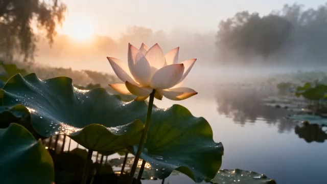  晨曦雾中荷花绽放215#横屏 	 