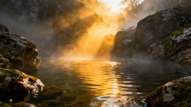  晨曦雾绕山石水影214#横屏 	 