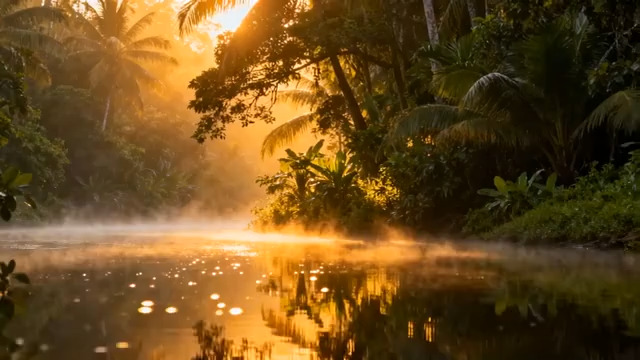  晨曦森林湖泊雾气弥漫209#横屏 	 