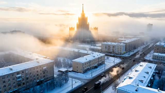  晨雾中的金色尖顶建筑204#横屏 	 