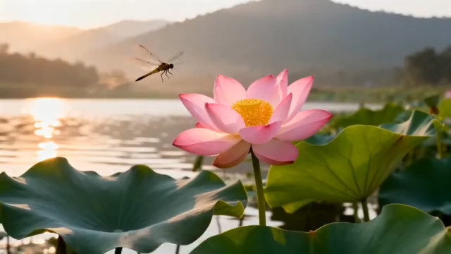  晨荷蜻蜓戏水面196#横屏 	 