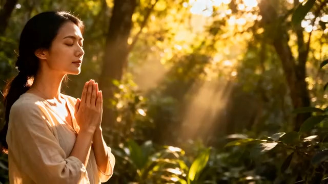  晨光森林中的祈祷女子186#横屏 	 