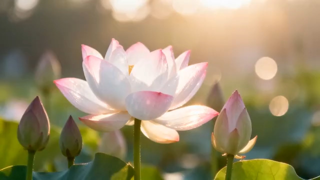  晨光中的粉色荷花特写192#横屏 	 