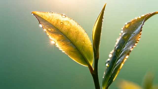  晨光下的茶叶露珠特写187#横屏 	 -