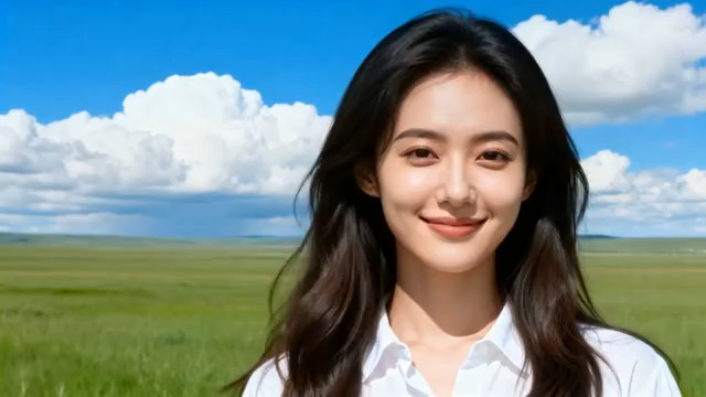  草原上的白衣女孩微笑133#横屏 	 