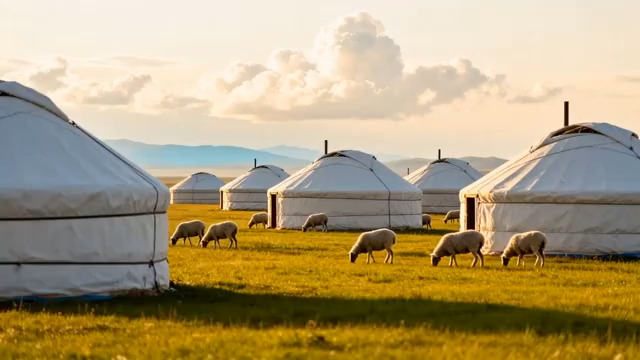  草原蒙古包羊群日落128#横屏 	 